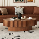 Coffee Table Oval Wood Slatted Rivet Detail Modern Brown - Furniture Home Direct