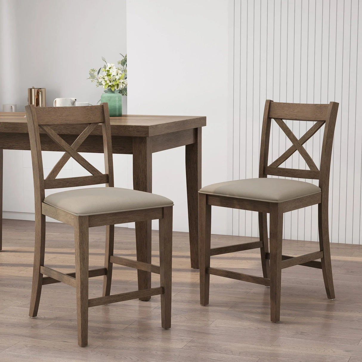 Farmhouse Style Counter Height Chair With Upholstered Seat