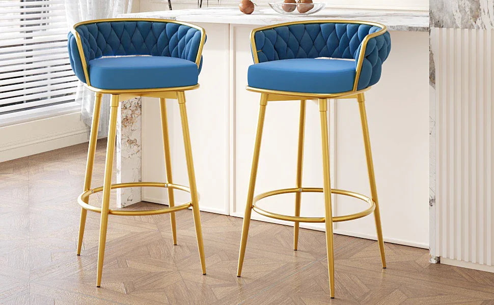 Counter Height Bar Stools Pair Tufted Gold Frame Blue - Furniture Home Direct