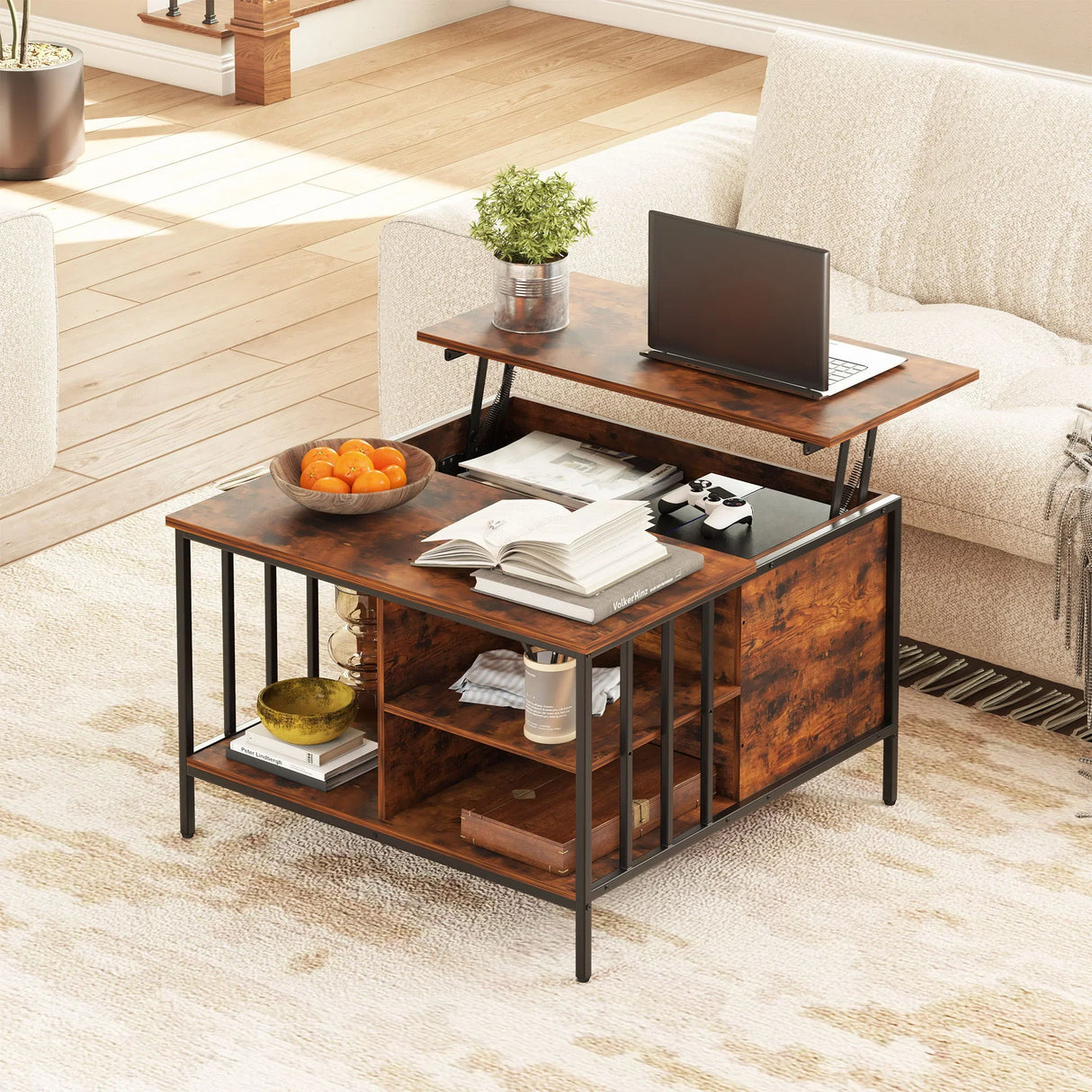 Lift Top Coffee Table With Storage, Adjustable Height Living Room - Black / Brown - Furniture Home Direct