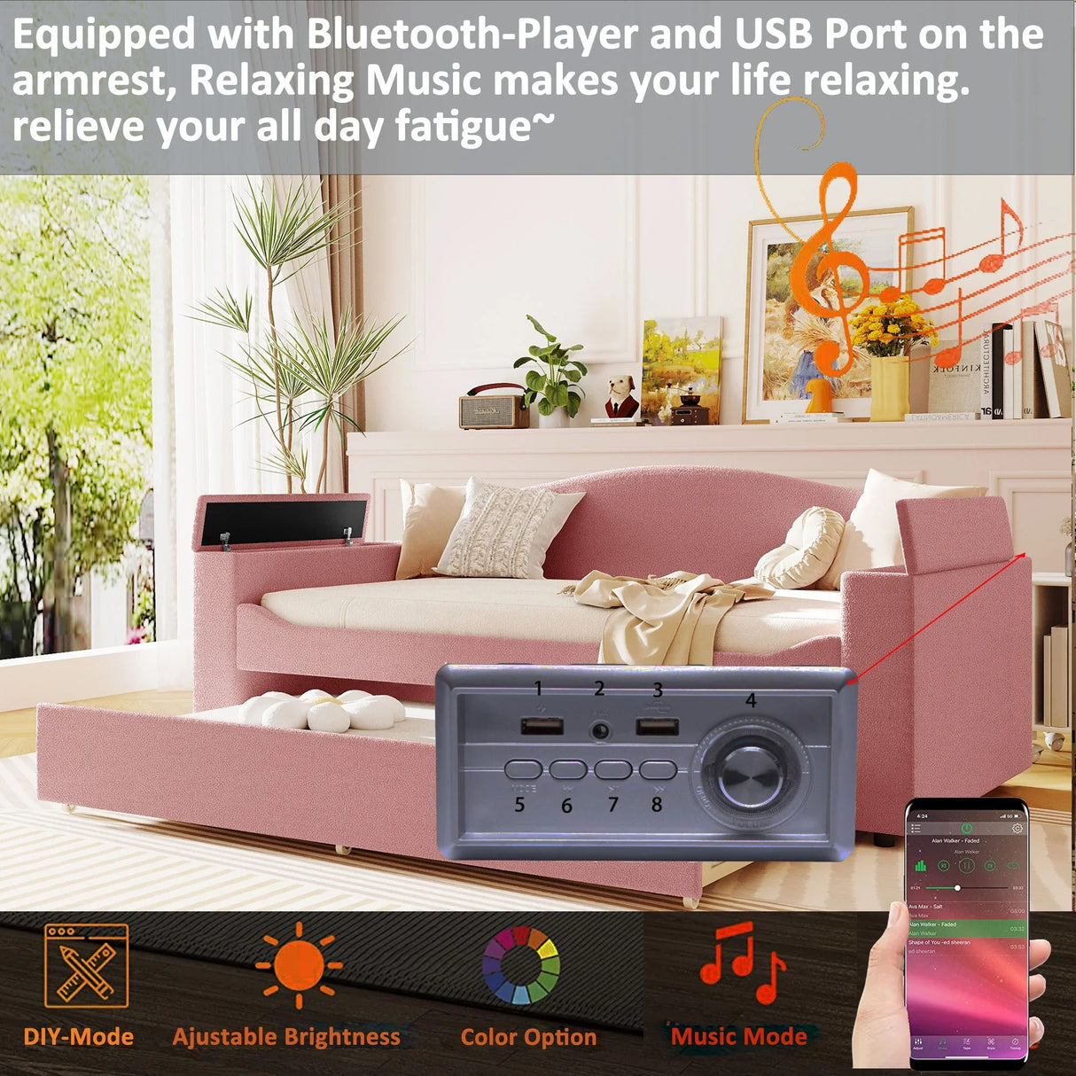 Upholstered Daybed With Storage Armrests, Trundle And Latest Integrated Bluetooth Audio System - Furniture Home Direct