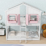 House Bunk Bed With Roof, Window, Window Box, Door, With Safety Guardrails And Ladder - Furniture Home Direct