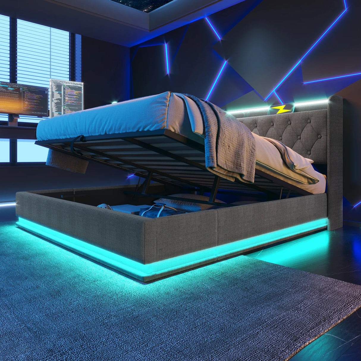King Bed LED 360 Surround Lighting Storage USB Type C Gray - Furniture Home Direct