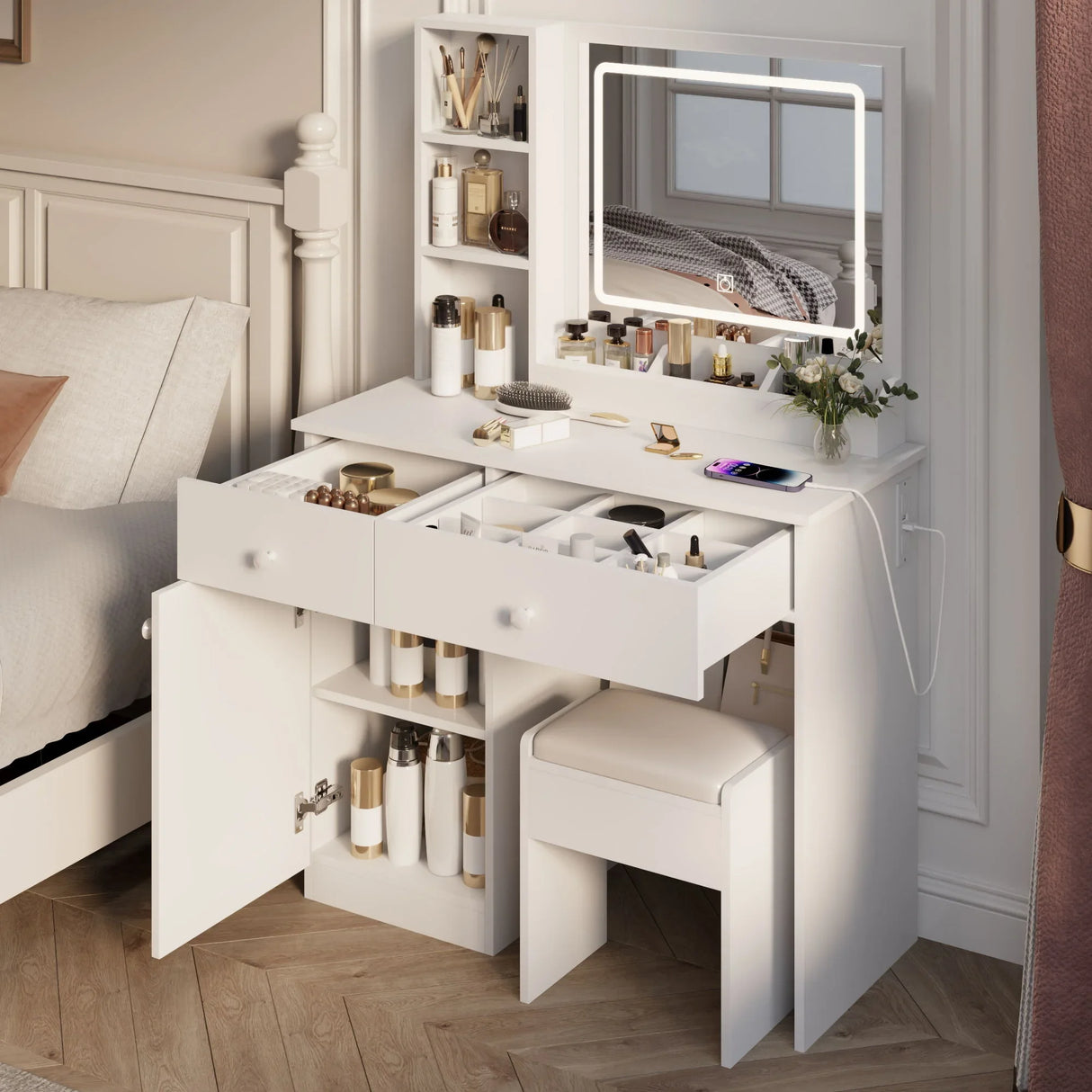 Fashion Vanity Desk With Mirror And Adjustable Lights, Makeup Table Set With 2 Drawers - White - Furniture Home Direct