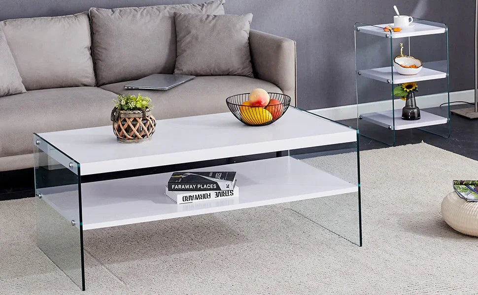 Coffee Table Three Tier MDF Glass Sides Shelves Modern White - Furniture Home Direct