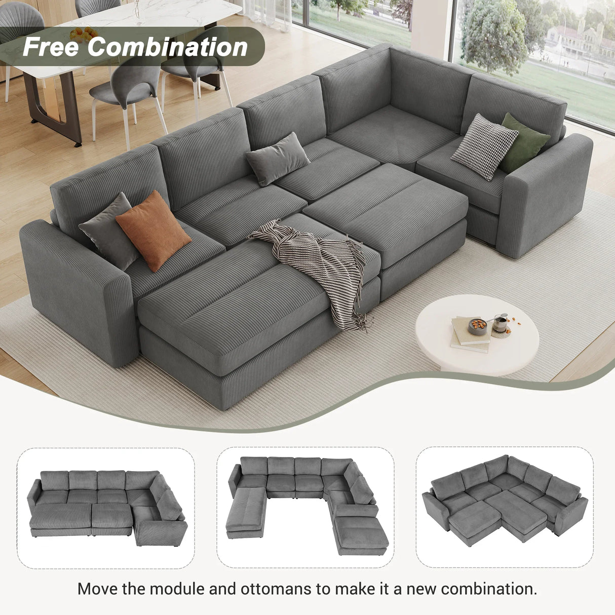 121.3" Modular Sectional Sofa with Two Movable Ottomans, Gray - Furniture Home Direct