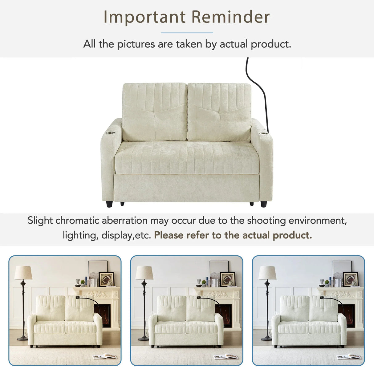 Sleeper Sofa With Adjustable Backrest, Two Cup Holders, Phone Holder, Three Charging Ports And Side Storage Pockets- Beige - Furniture Home Direct
