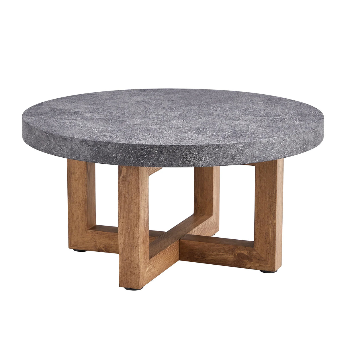 Coffee Table Round Stone Finish Wood Base Contemporary Gray - Furniture Home Direct