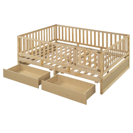 Daybed With Fence Guardrails And 2 Drawers, Split Into Independent Floor Bed & Daybed - Furniture Home Direct