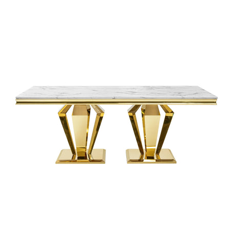 79.53 In. Elegant Marble Pattern Dining Table For 6 Or 8 Seats Polished Stainless Steel Base - Gold - Furniture Home Direct