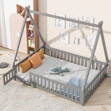Tent-Shaped Floor Bed, With Guardrails, Slats, Door - Furniture Home Direct