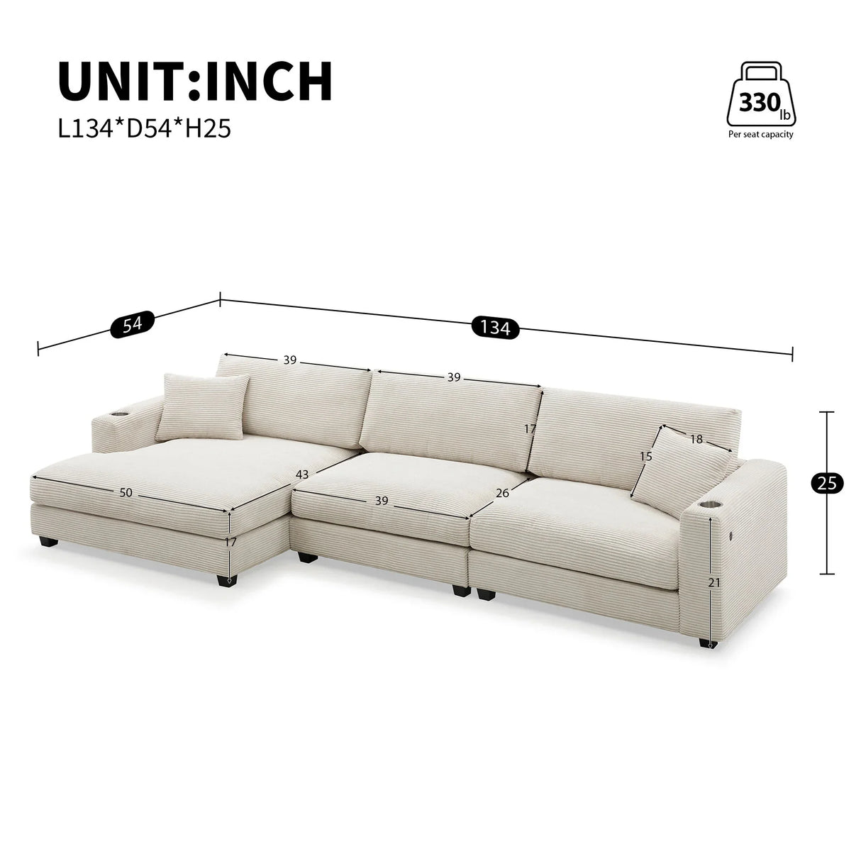 Oversized Sectional L Shaped Cloud Couch With USB Charging Port Cup Holder Deep And Wide Seat Sofa With Chaise Comfy - Furniture Home Direct