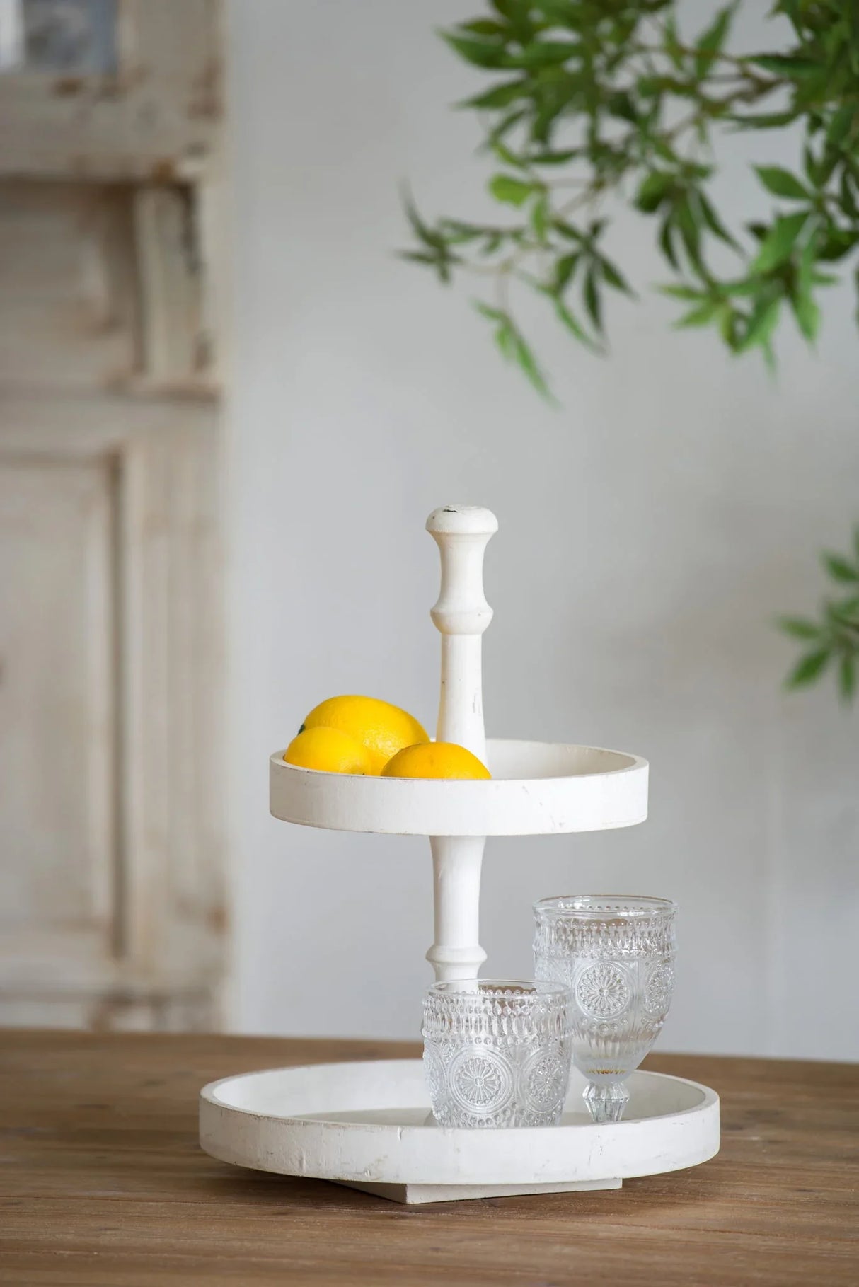 Two Tiered Round Wooden Tray - White - Furniture Home Direct