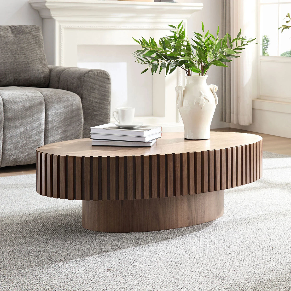 Coffee Table Drum Design With Slatted Sides Dark Walnut - Furniture Home Direct