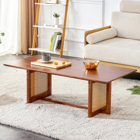 Coffee Table Solid Wood With Rattan Panel Sides Walnut - Furniture Home Direct