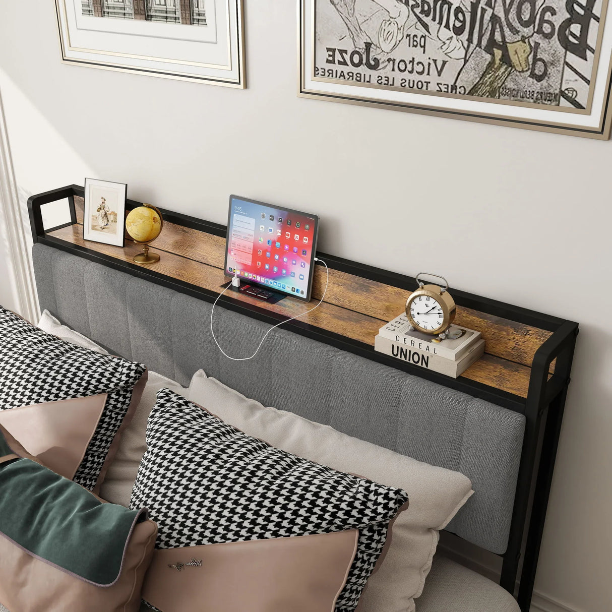 Bed With Charging Station, American Design Upholstered Headboard, Metal Platform - Furniture Home Direct