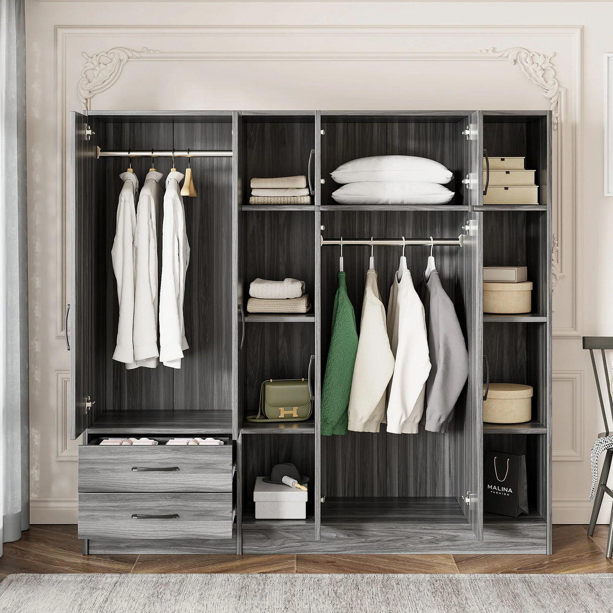 6 Door Wardrobe With Shelves And Drawers - Furniture Home Direct