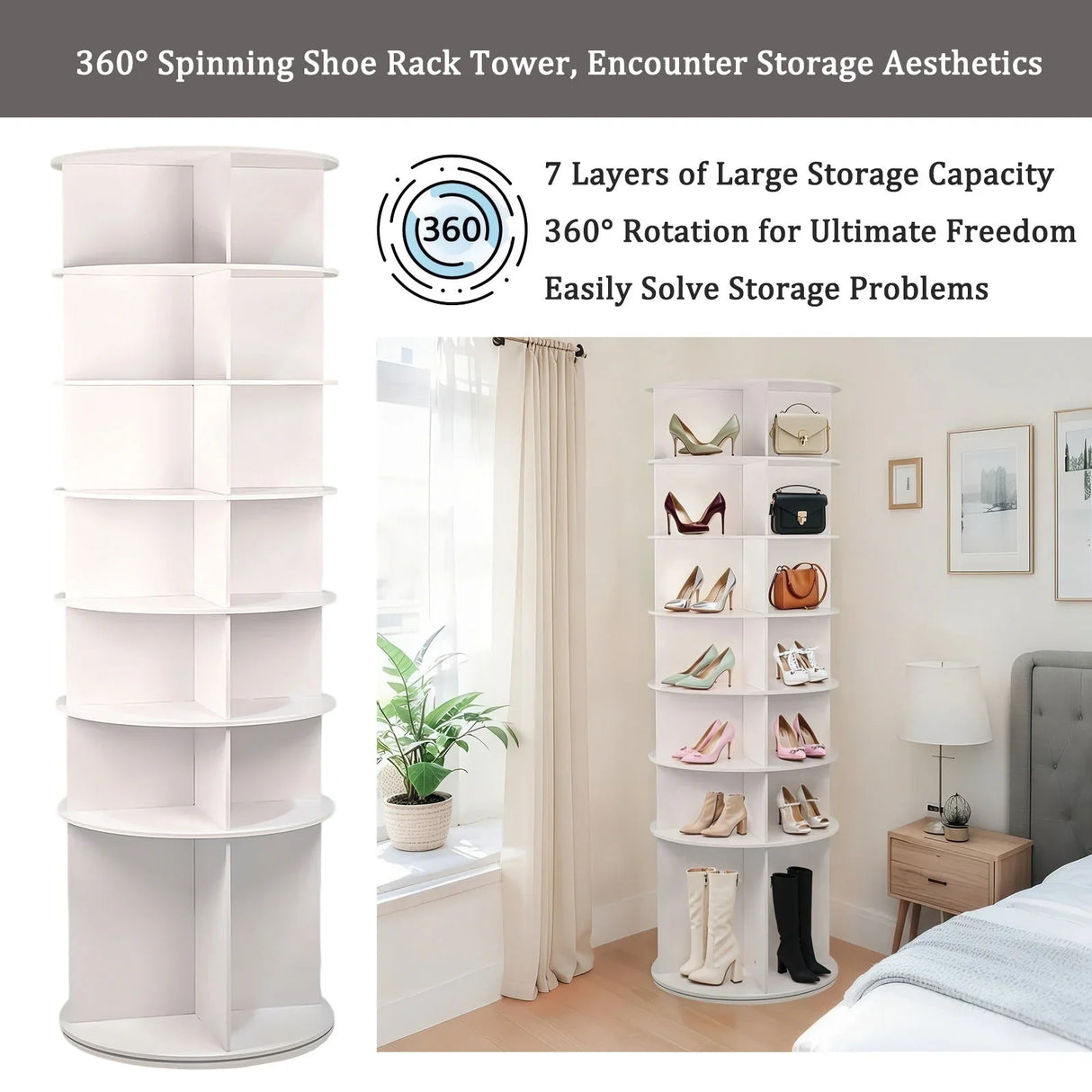 7 Tier Rotating Shoe Rack With High Base Design, Freestanding 360° Organizer For 28 Pairs - White - Furniture Home Direct