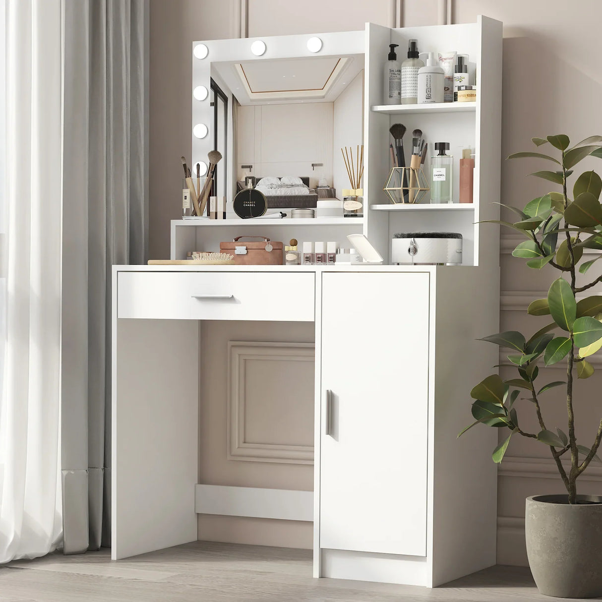 Vanity Desk With Mirror And LED Lighting For Bedroom White - Furniture Home Direct