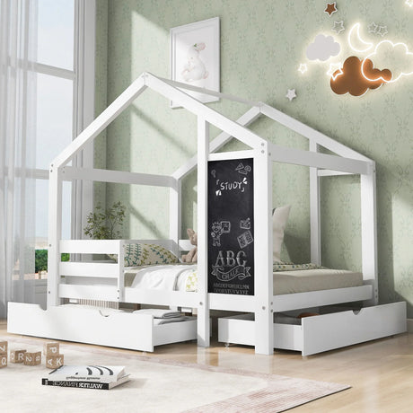 Twin House Bed With Blackboard And Drawers, 2 Assembly Options - White - Furniture Home Direct