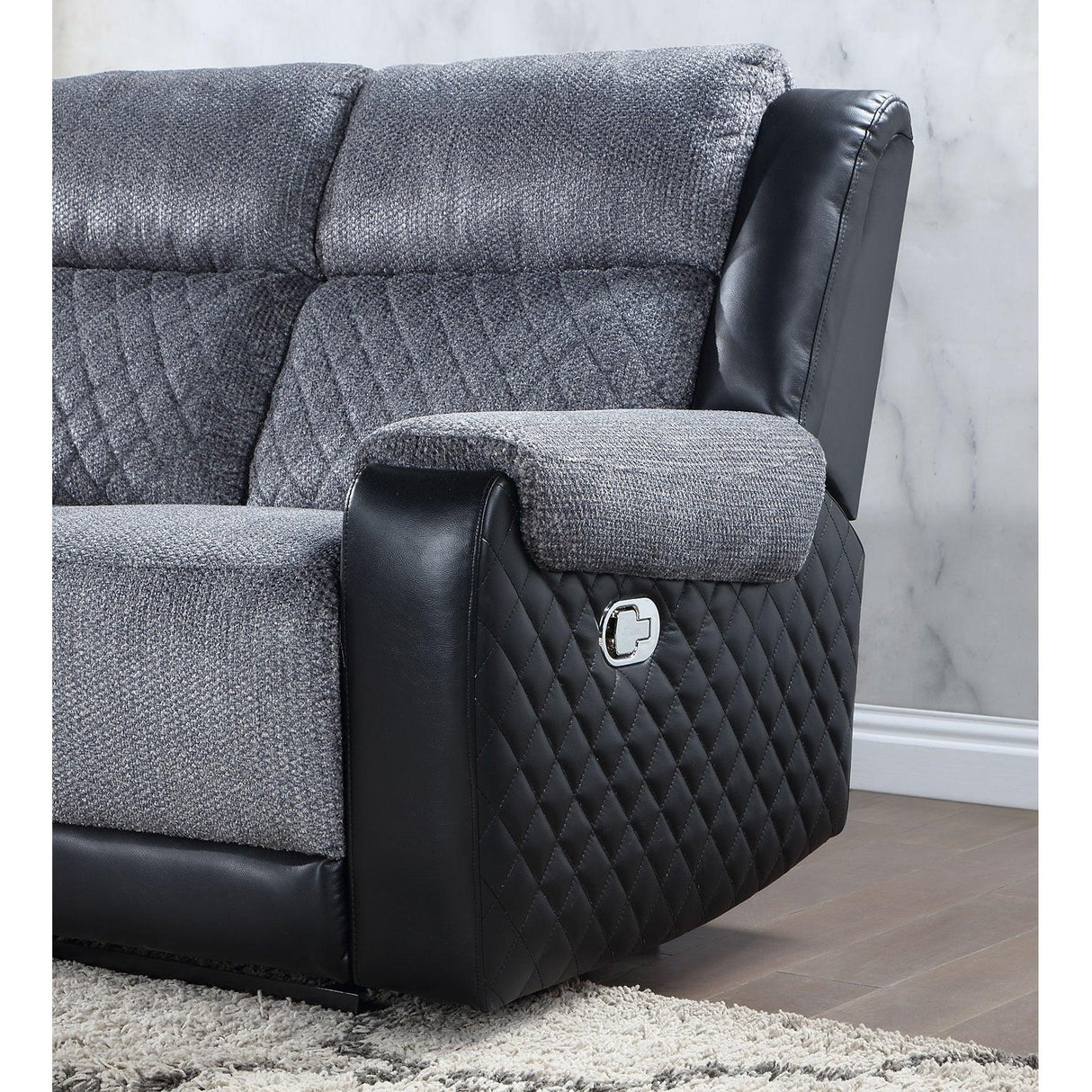 Reclining Living Room Set In Grey Fabric And Quilted Black - Furniture Home Direct