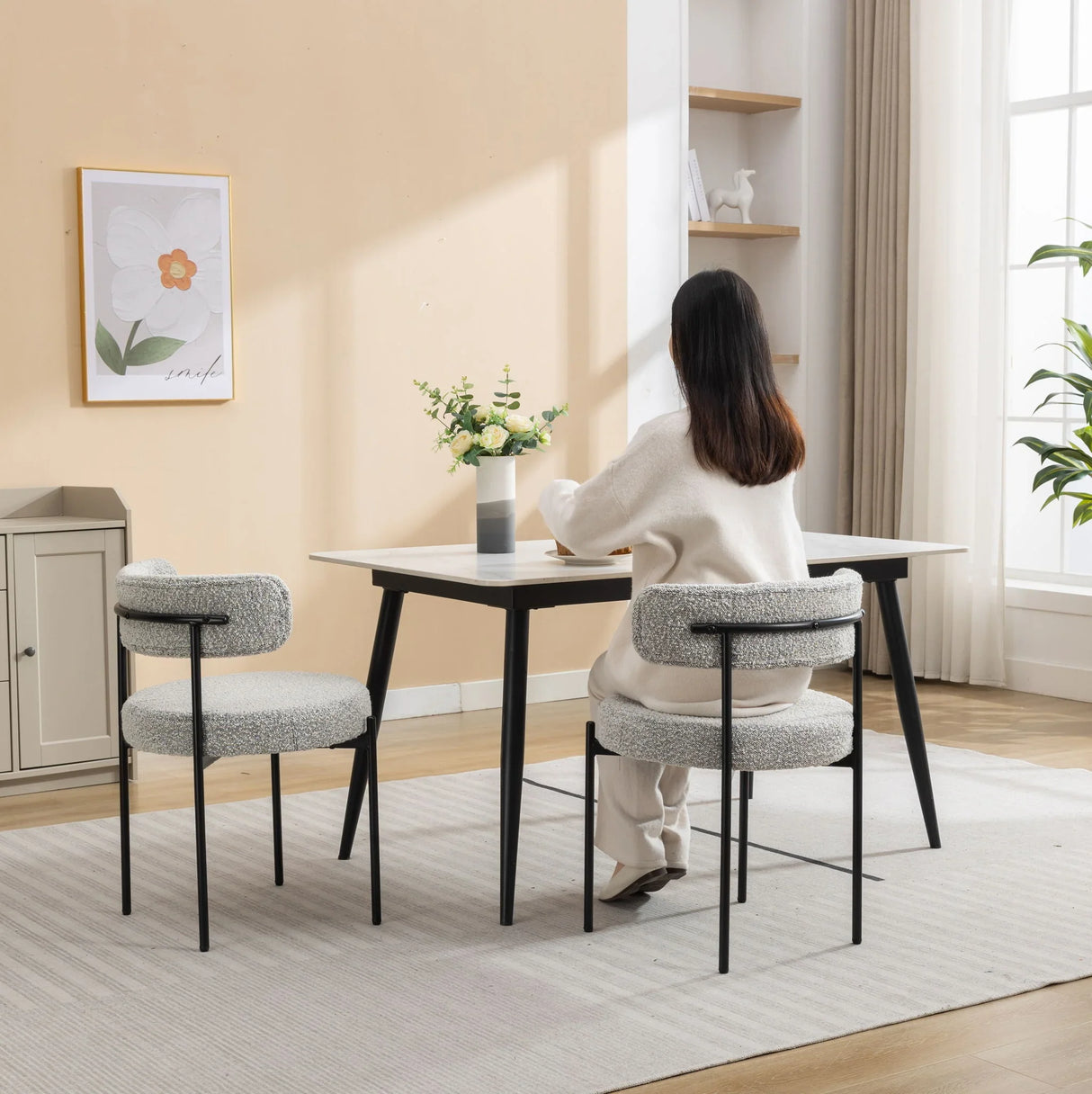 Burbank - Modern Round Boucle Dining Chairs (Set of 2) - Black / White - Furniture Home Direct