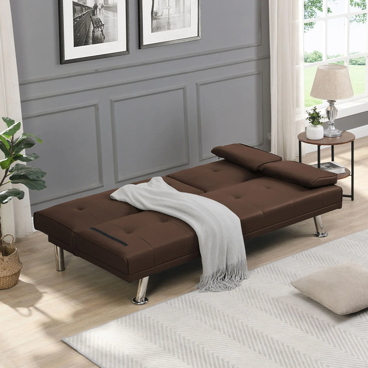 Futon Sofa Bed With Armrest Two Holders Wood Frame, Stainless Leg - Furniture Home Direct