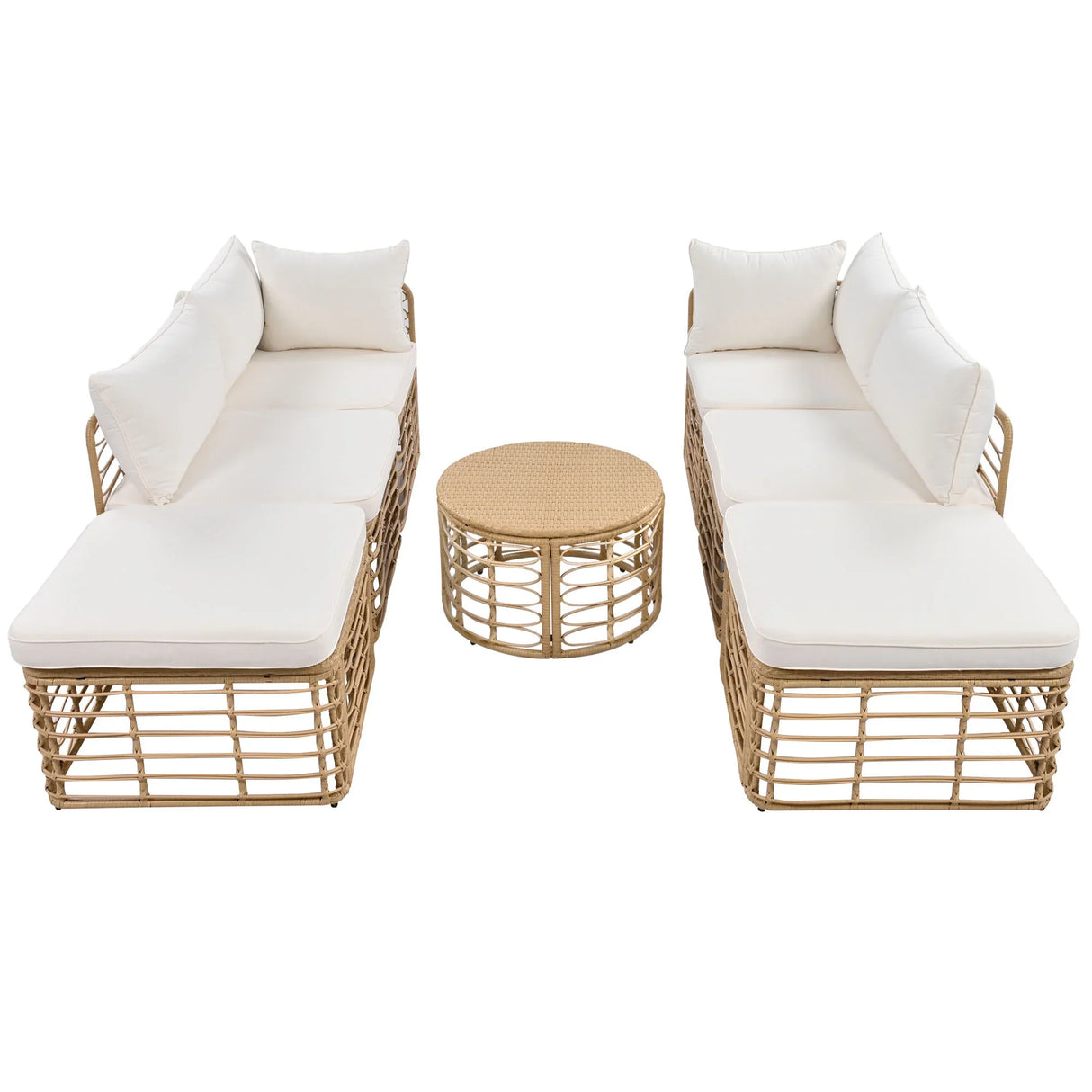 7 Piece Outdoor Patio All-Weather Rattan Sectional Sofa Set With Thick Cushions And Pillows - Beige - Furniture Home Direct