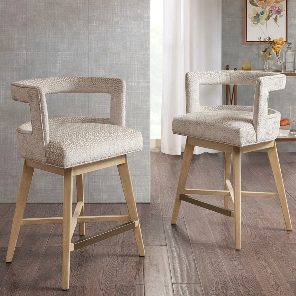 Contemporary Design Swivel Counter Stool With Low Back Support Polyester And Solid Wood - Cream - Furniture Home Direct