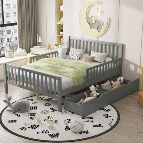 Platform Bed With Guardrails On Both Sides And 2 Storage Drawers - Furniture Home Direct