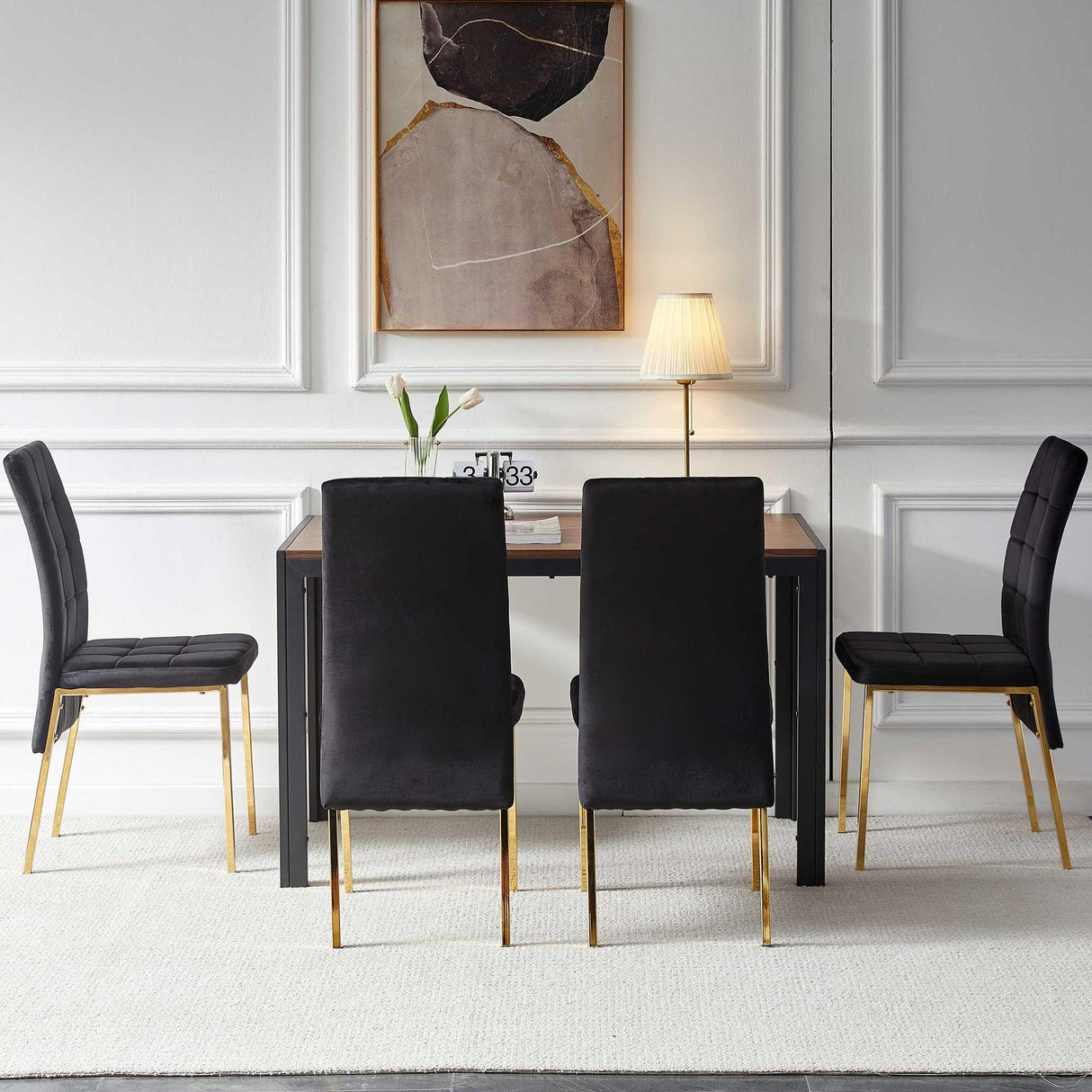 5 Pieces Dining Set Including Velvet High Back Golden Color Legs Nordic Dining Chair & Creative Design Dining Table - Furniture Home Direct