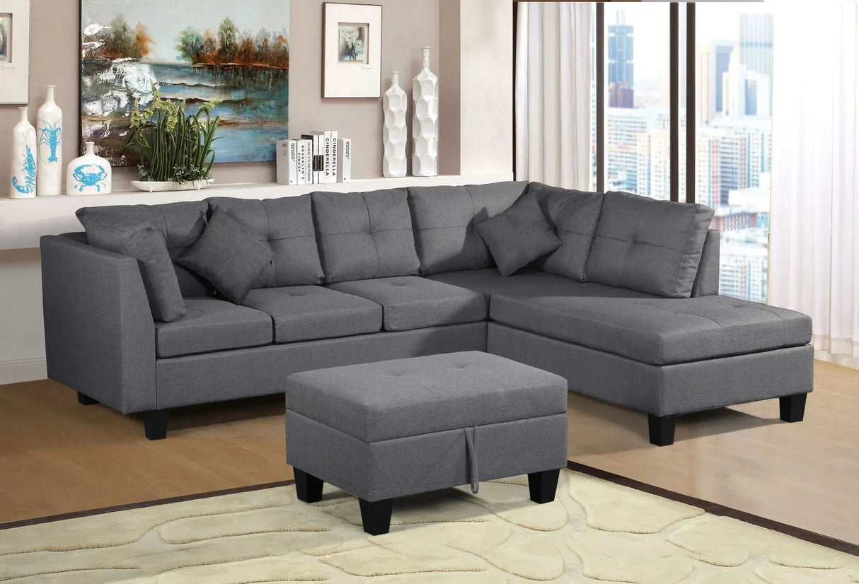 Sectional Sofa Set For Living Room With Right Hand Chaise Lounge And Storage Ottoman - Gray - Furniture Home Direct