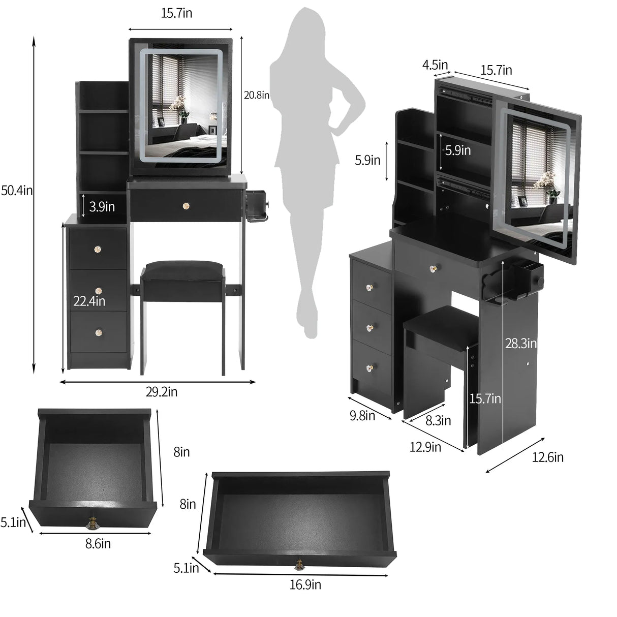 Vanity Desk With Cushioned Stool Lighted Mirror Black - Furniture Home Direct