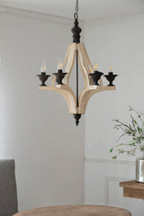 6 Light Wood Chandelier, Hanging Light Fixture With Adjustable Chain For Kitchen, Bulb Not Included - Cream - Furniture Home Direct