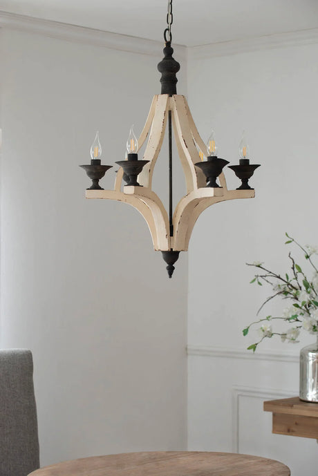 6 Light Wood Chandelier, Hanging Light Fixture With Adjustable Chain For Kitchen, Bulb Not Included - Cream - Furniture Home Direct