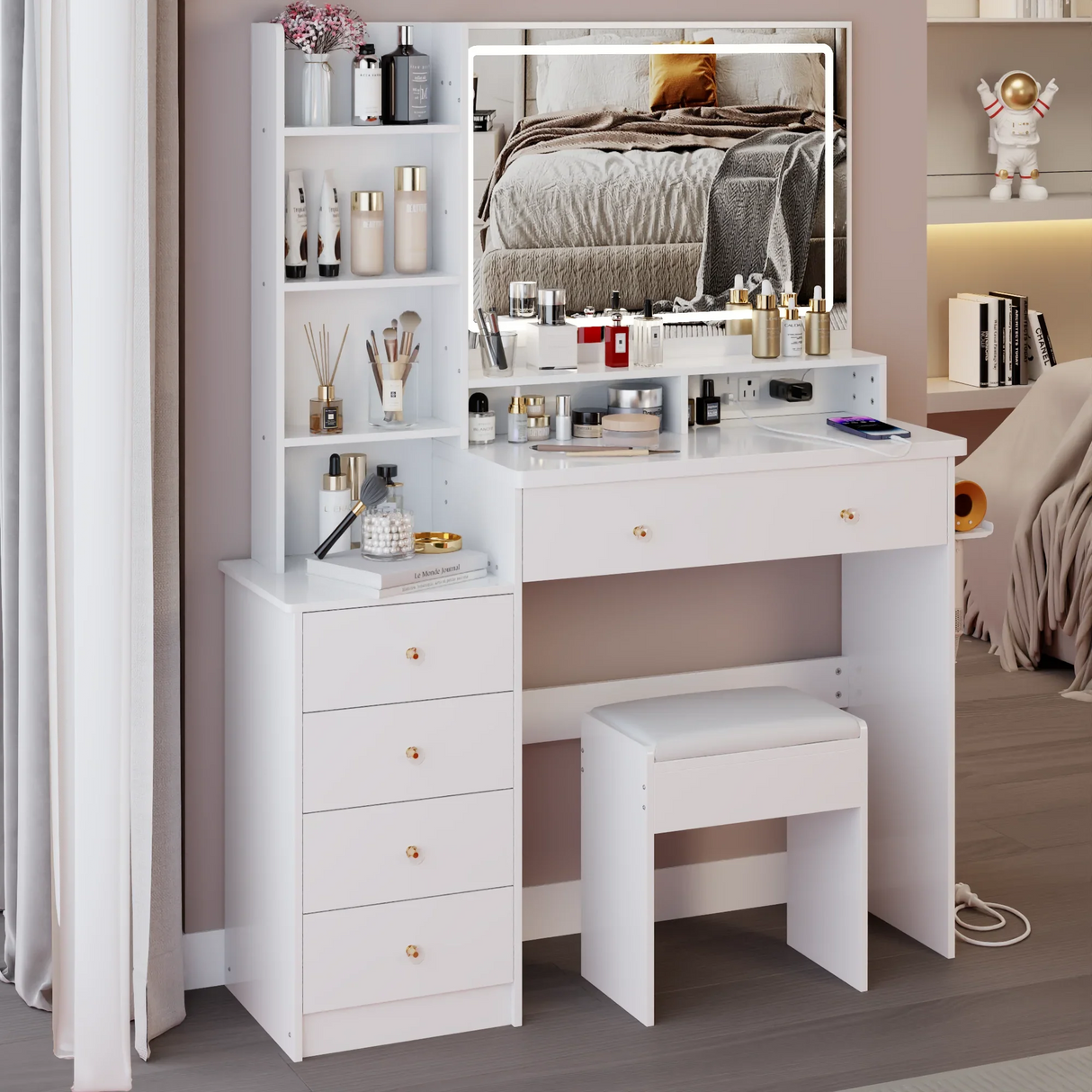 Vanity Desk With Cushioned Stool Mirror Makeup White - Furniture Home Direct