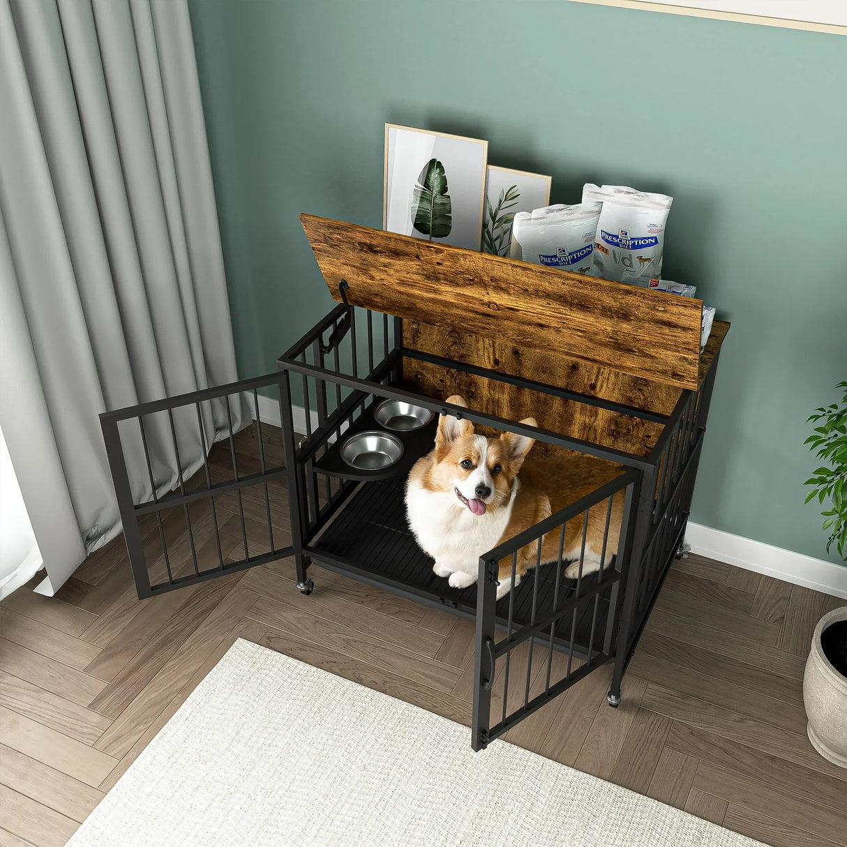 Modern Kennel Dogs Room Up To 60 Lb, Dog Crate Furniture With Multi-Purpose Rremovable Ttray, Double-Door Dog House, Lift Panel, 360 Degree Rotation, 3 Height Adjustable Feeding Bowls - Furniture Home Direct