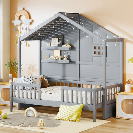 House Bed With Shelves, Window And Sparkling Light Strip On The Roof - Furniture Home Direct
