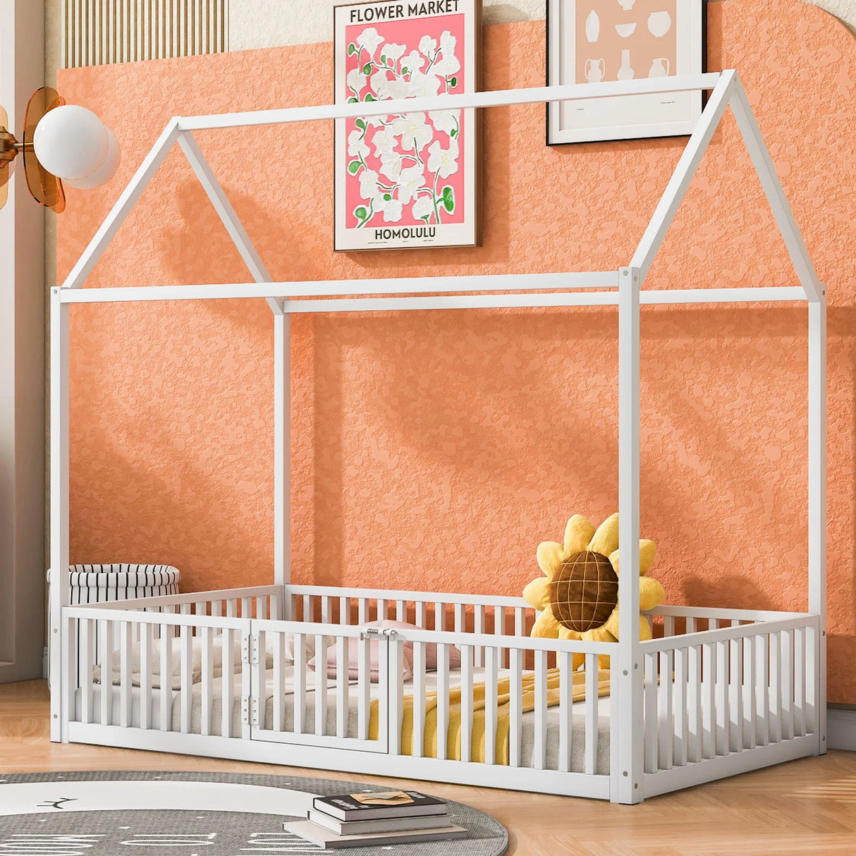 Metal House Bed With Fence And Door - Furniture Home Direct