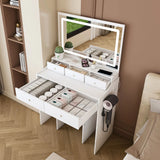 Modern Makeup Vanity Set With Power Outlet, Hair Dryer Holder, And Adjustable Lighting - Furniture Home Direct