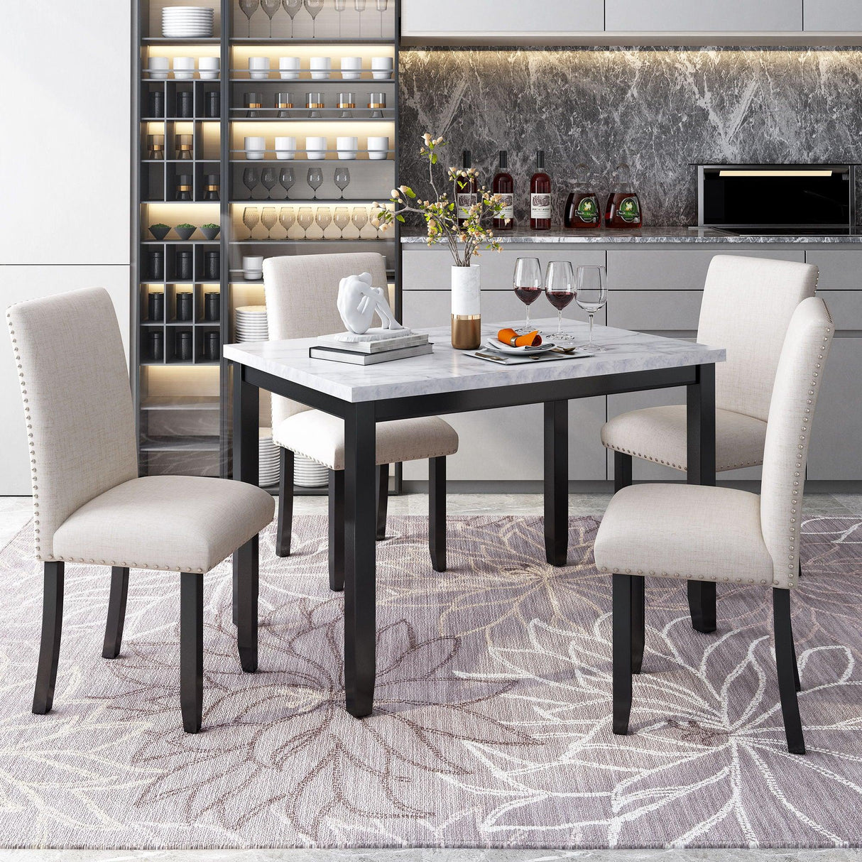 5 Piece Dining Set Table With 4 Thicken Cushion Dining Chairs - White / Beige / Black - Furniture Home Direct