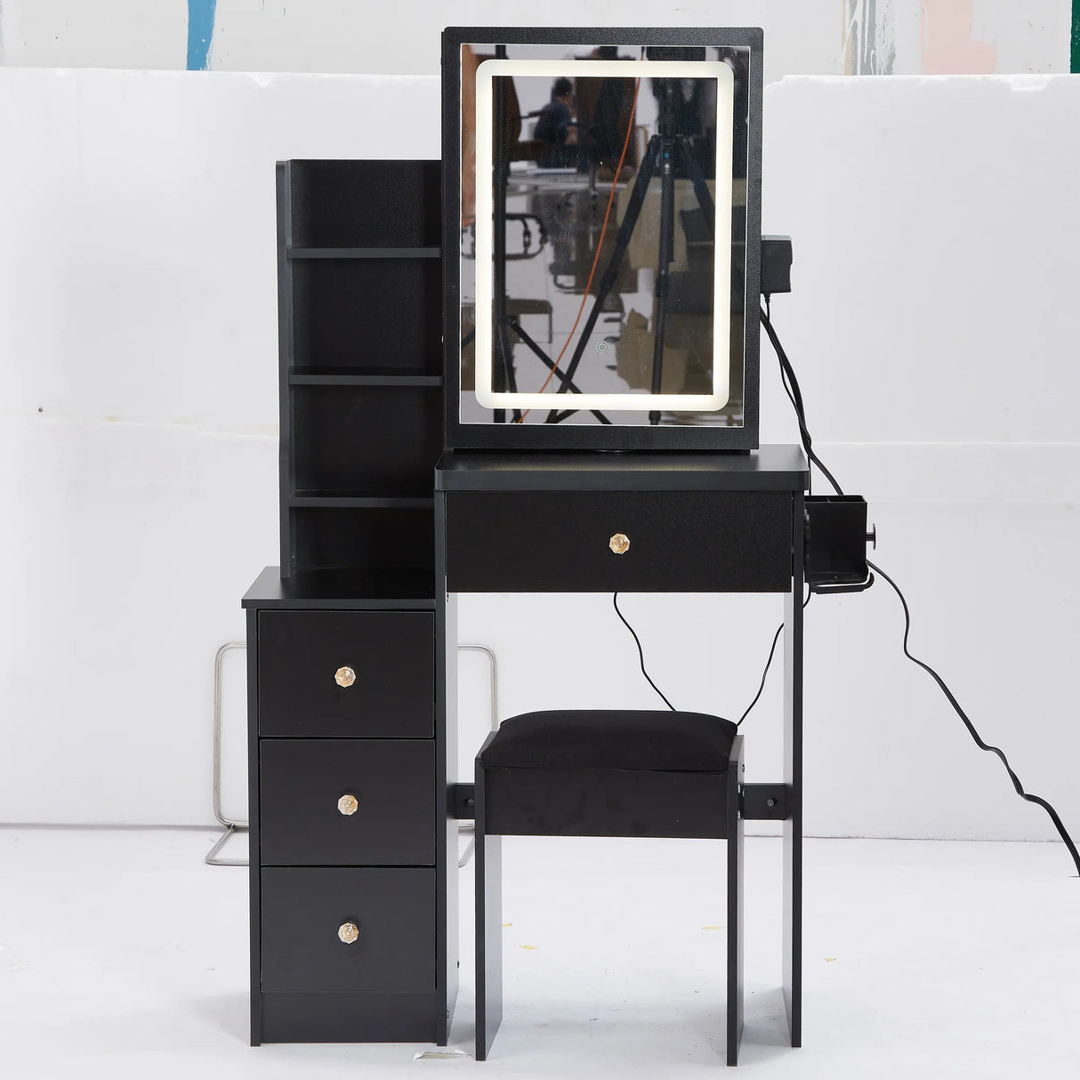 Vanity Desk With Cushioned Stool Lighted Mirror Black - Furniture Home Direct