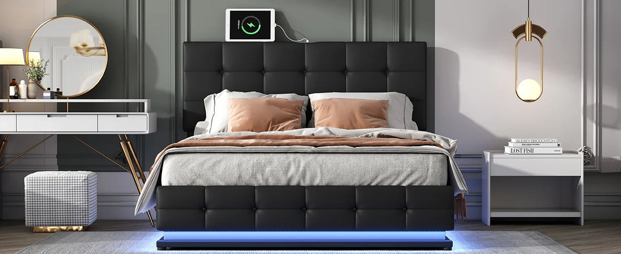 Queen Platform Bed Tufted Upholstered Storage Led Black - Furniture Home Direct