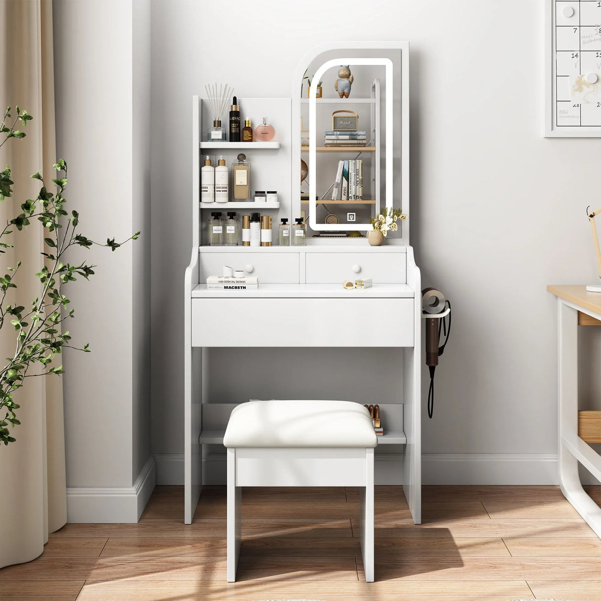 Fashion Vanity Desk With Mirror And Lights For Makeup, Hair Dryer Holder And Chair, Adjustable Lighting - White - Furniture Home Direct