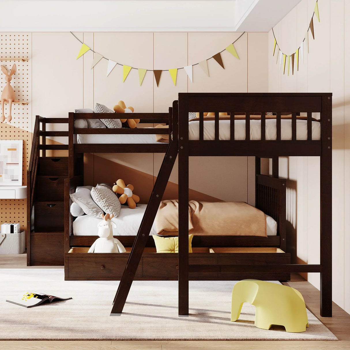 Solid L Shaped Bunk Bed With 3 Drawers, Ladder And Staircase - Furniture Home Direct