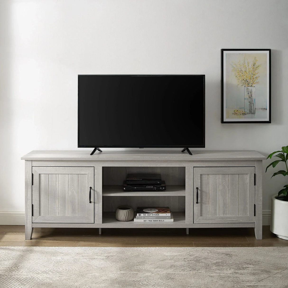 Modern Farmhouse 2 Door Grooved 70" TV Stand For 85" TVs - Furniture Home Direct