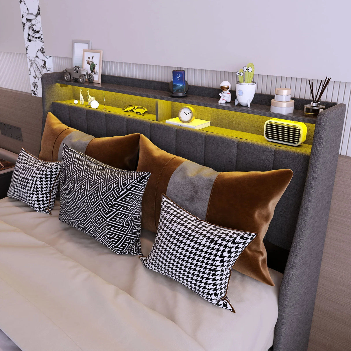 Bed With LED Lights, 4 Drawers, Winged Headboard Upholstered - Furniture Home Direct