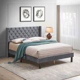 Queen Platform Tufted Upholstered Bed With Wings Design, Strong Wood Slat Support - Gray - Furniture Home Direct