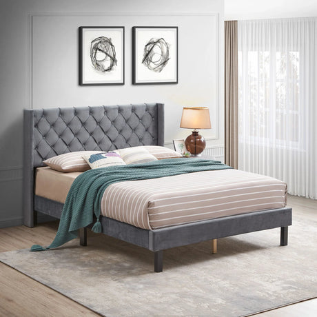Queen Platform Tufted Upholstered Bed With Wings Design, Strong Wood Slat Support - Gray - Furniture Home Direct