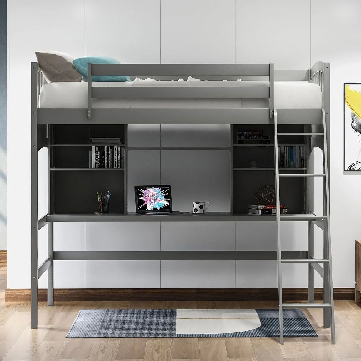 Loft Bed With Storage Shelves, Desk And Ladder - Furniture Home Direct